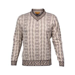 Prestige Brown and Cream V-Neck‎ Greek Key Trim Luxury Men's Sweaters 2XL